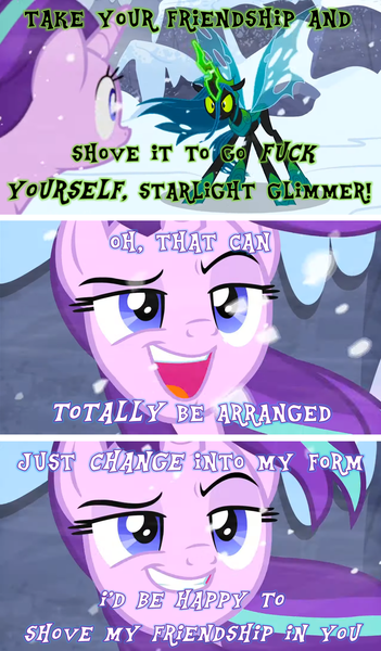 Size: 1195x2045 | Tagged: suggestive, derpibooru import, edit, edited screencap, screencap, queen chrysalis, starlight glimmer, changeling, pony, unicorn, the ending of the end, caption, comic, dialogue, duo, duo female, female, fuck you, glow, glowing horn, horn, image, image macro, mare, open mouth, png, screencap comic, smug, smuglight glimmer, snow, snowfall, spread wings, text, ultimate chrysalis, vulgar, wind, windswept mane, wings