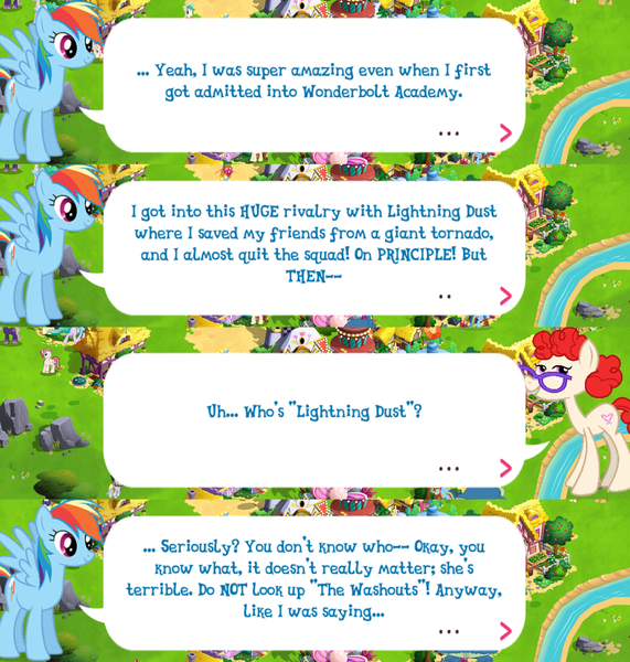 Size: 2045x2149 | Tagged: safe, derpibooru import, official, rainbow dash, twist, pegasus, pony, dialogue, dialogue box, english, event, female, gameloft, glasses, image, implied lightning dust, mare, mobile game, my little pony: magic princess, older twist, png, speech bubble, spread wings, text, wings