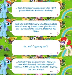 Size: 2045x2149 | Tagged: safe, derpibooru import, official, rainbow dash, twist, pegasus, pony, dialogue, dialogue box, english, event, female, gameloft, glasses, image, implied lightning dust, mare, mobile game, my little pony: magic princess, older twist, png, speech bubble, spread wings, text, wings