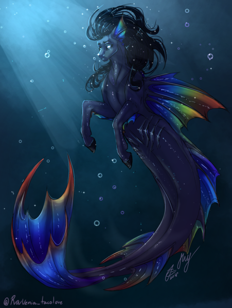 Size: 1300x1731 | Tagged: safe, artist:witch house, derpibooru import, oc, unofficial characters only, hybrid, merpony, pony, sea pony, seapony (g4), beautiful, black mane, blank eyes, blue tail, bubble, crepuscular rays, digital art, dorsal fin, fin, fins, fish tail, flowing mane, flowing tail, gills, high res, image, male, ocean, png, requested art, seapony oc, signature, solo, stallion, sunlight, swimming, tail, underwater, water