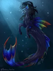 Size: 1300x1731 | Tagged: safe, artist:witch house, derpibooru import, oc, unofficial characters only, hybrid, merpony, pony, sea pony, seapony (g4), beautiful, black mane, blank eyes, blue tail, bubble, crepuscular rays, digital art, dorsal fin, fin, fins, fish tail, flowing mane, flowing tail, gills, high res, image, male, ocean, png, requested art, seapony oc, signature, solo, stallion, sunlight, swimming, tail, underwater, water