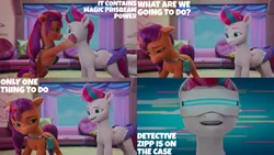 Size: 2000x1125 | Tagged: safe, derpibooru import, edit, edited screencap, editor:quoterific, screencap, sunny starscout, zipp storm, earth pony, pegasus, pony, g5, my little pony: make your mark, my little pony: make your mark chapter 2, bag, bipedal, bipedal leaning, coat markings, detective zipp, duo, duo female, female, fluttershy's cutie mark, hoof done it?, hoof heart, hooves on face, image, leaning, mare, nose to nose, open mouth, open smile, png, rad-visor, rainbow dash's cutie mark, sad, saddle bag, smiling, socks (coat marking), sunny sadscout, twilight sparkle's cutie mark, underhoof, unshorn fetlocks, worried