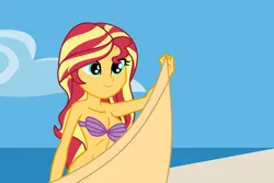 Size: 1080x720 | Tagged: suggestive, artist:robertsonskywa1, derpibooru import, screencap, sunset shimmer, equestria girls, almost nude, beach, bottomless, bra, clothes, cloud, female, half naked, image, nudity, ocean, partial nudity, photo, png, seashell, seashell bra, solo, solo female, stupid sexy sunset shimmer, the little mermaid, touching, towel, underwear, water