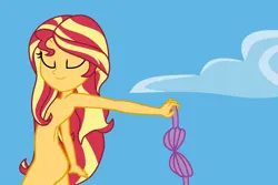 Size: 1080x720 | Tagged: suggestive, artist:robertsonskywa1, derpibooru import, sunset shimmer, equestria girls, ass, bra, butt, clothes, complete nudity, covering, covering breasts, eyes closed, female, godiva hair, image, nudity, photo, png, practitioner of naturism, seashell, seashell bra, solo, solo female, strategically covered, stupid sexy sunset shimmer, the little mermaid, underwear, undressing