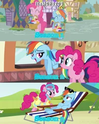 Size: 2458x3072 | Tagged: safe, derpibooru import, edit, edited screencap, editor:itsmgh1203, screencap, pinkie pie, rainbow dash, earth pony, pegasus, pony, griffon the brush off, mmmystery on the friendship express, season 1, season 2, season 3, too many pinkie pies, ^^, cute, dashabetes, diapinkes, duo, duo female, eyes closed, female, floppy ears, flying, friendship express, image, jpeg, locomotive, mare, open mouth, open smile, smiling, spread wings, steam locomotive, sunglasses, text, train, wings