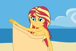 Size: 1080x720 | Tagged: suggestive, artist:robertsonskywa1, derpibooru import, equestria girls, almost nude, beach, breasts, cleavage, covering, female, image, nudity, partial nudity, photo, png, solo, solo female, stupid sexy sunset shimmer, the little mermaid, towel