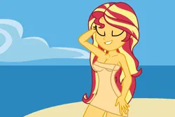 Size: 1080x720 | Tagged: suggestive, artist:robertsonskywa1, derpibooru import, sunset shimmer, equestria girls, almost nude, beach, breasts, cleavage, covering, eyes closed, female, hand on hip, hands in the air, image, nudity, partial nudity, photo, png, solo, solo female, stupid sexy sunset shimmer, the little mermaid, towel