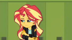 Size: 3072x1727 | Tagged: safe, derpibooru import, screencap, sunset shimmer, human, equestria girls, friendship games, canterlot high, clothes, female, frown, image, jacket, jpeg, leather, leather jacket, sad, solo