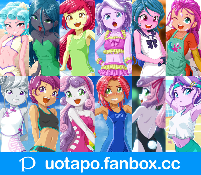 Size: 1200x1042 | Tagged: suggestive, artist:uotapo, banned from derpibooru, apple bloom, babs seed, cozy glow, diamond tiara, izzy moonbow, queen chrysalis, scootaloo, silver spoon, sunny starscout, sweetie belle, human, equestria girls, g5, advertisement, child, clothes, equestria girls-ified, female, females only, image, jpeg, logo, lolicon, pixiv, swimsuit, underage, url