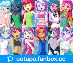 Size: 1200x1042 | Tagged: suggestive, artist:uotapo, banned from derpibooru, apple bloom, babs seed, cozy glow, diamond tiara, izzy moonbow, queen chrysalis, scootaloo, silver spoon, sunny starscout, sweetie belle, human, equestria girls, g5, advertisement, child, clothes, equestria girls-ified, female, females only, image, jpeg, logo, lolicon, pixiv, swimsuit, underage, url