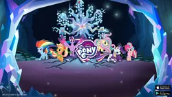 Size: 2560x1440 | Tagged: safe, derpibooru import, official, applejack, fluttershy, pinkie pie, rainbow dash, rarity, tree of harmony, twilight sparkle, twilight sparkle (alicorn), alicorn, earth pony, pegasus, pony, unicorn, twilight's kingdom, female, gameloft, image, mane six, mare, my little pony logo, my little pony: magic princess, png, rainbow power, video game, youtube banner