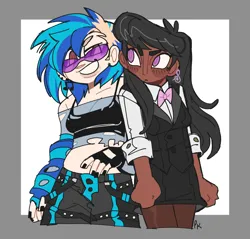 Size: 2048x1954 | Tagged: safe, artist:pcktknife, derpibooru import, octavia melody, vinyl scratch, human, abstract background, blackwashing, bowtie, clothes, dark skin, duo, female, humanized, image, lesbian, png, scratchtavia, shipping, suit, vinyl's glasses