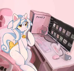 Size: 954x911 | Tagged: safe, artist:muffinz, derpibooru import, oc, unofficial characters only, pony, unicorn, cat ears, chair, commission, gamer, gaming chair, gaming headset, headset, image, office chair, png, solo, striped mane