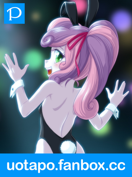 Size: 600x806 | Tagged: suggestive, artist:uotapo, banned from derpibooru, sweetie belle, human, equestria girls, blushing, bunny ears, bunny suit, child, clothes, cuffs (clothes), female, image, jpeg, logo, lolicon, looking at you, looking back, looking back at you, open mouth, pixiv, playboy bunny, playboy bunny sweetie belle, solo, solo female, underage, url