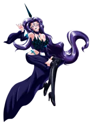 Size: 3430x4659 | Tagged: safe, alternate version, artist:mauroz, derpibooru import, nightmare rarity, human, anime, anime style, boots, breasts, busty nightmare rarity, cleavage, clothes, eyeshadow, high heel boots, high res, humanized, image, latex, latex boots, lipstick, makeup, png, shoes, simple background, socks, stockings, thigh boots, thigh highs, transparent background