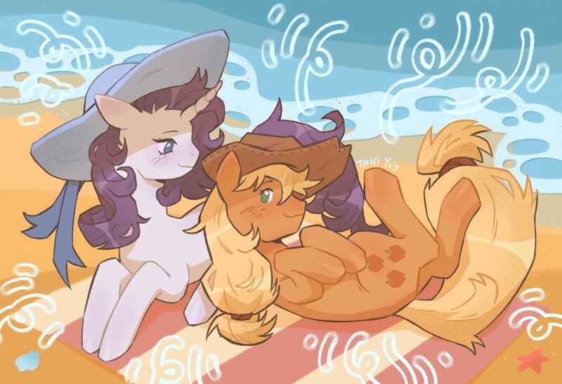 Size: 1976x1352 | Tagged: safe, artist:tani yry, derpibooru import, applejack, rarity, pony, unicorn, beach, beach towel, hat, image, jpeg, smiling, sun hat, towel