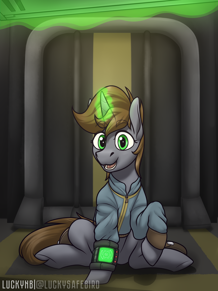 Size: 3000x4000 | Tagged: safe, alternate version, artist:luckynb, derpibooru import, oc, oc:littlepip, unofficial characters only, pony, unicorn, fallout equestria, image, levitation, looking at you, magic, offscreen character, open mouth, open smile, pipbuck, png, pov, smiling, telekinesis, textless version
