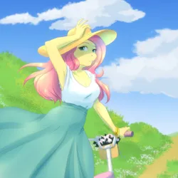 Size: 1920x1920 | Tagged: safe, artist:likri, derpibooru import, fluttershy, anthro, pegasus, basket, bicycle, bracelet, breasts, busty fluttershy, cleavage, clothes, cloud, day, dress, eyebrows, eyelashes, female, fingernails, flower, hat, hill, image, jewelry, lidded eyes, long hair, looking at you, nostrils, outdoors, pink hair, png, snout, solo, summer, sun hat, sundress, trail