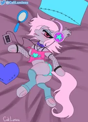 Size: 742x1024 | Tagged: suggestive, artist:cali luminos, derpibooru import, 80s, cable, christmas, christmas stocking, collar, commission, compact cassette, cute, female, feral, furryartist, headphones, holiday, image, jpeg, sale, solo, vaporwave, your character here