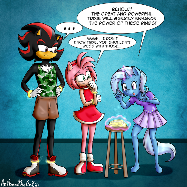 Size: 3500x3500 | Tagged: safe, artist:anibaruthecat, derpibooru import, trixie, anthro, hedgehog, unguligrade anthro, unicorn, amy rose, child, clothes, crossover, dialogue, eyebrows, eyelashes, image, png, power rings, shadow the hedgehog, sonic the hedgehog (series), speech bubble, stool, tongue out, younger