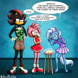 Size: 3500x3500 | Tagged: safe, artist:anibaruthecat, derpibooru import, anthro, hedgehog, unguligrade anthro, unicorn, amy rose, child, clothes, crossover, dialogue, eyebrows, eyelashes, image, png, power rings, shadow the hedgehog, sonic the hedgehog (series), speech bubble, stool, tongue out, younger