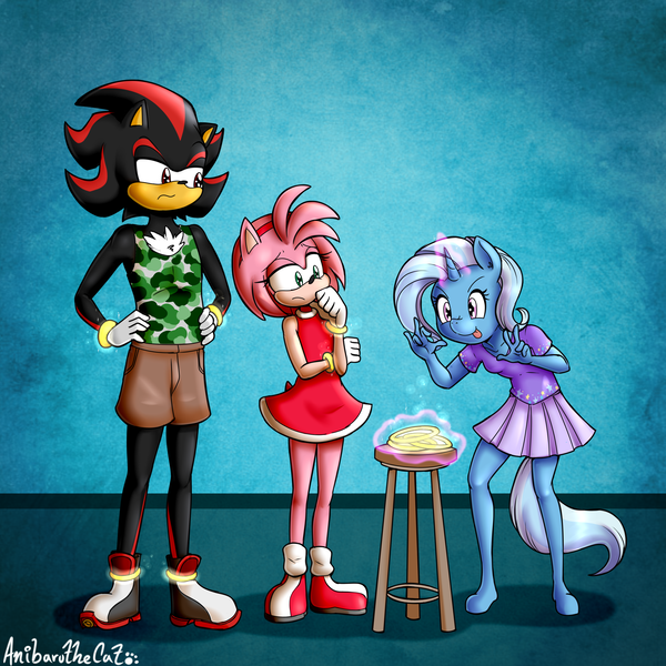 Size: 3500x3500 | Tagged: safe, alternate version, artist:anibaruthecat, derpibooru import, trixie, anthro, hedgehog, unguligrade anthro, unicorn, amy rose, child, clothes, crossover, eyebrows, eyelashes, image, no dialogue, png, power rings, shadow the hedgehog, sonic the hedgehog (series), stool, textless version, tongue out, younger