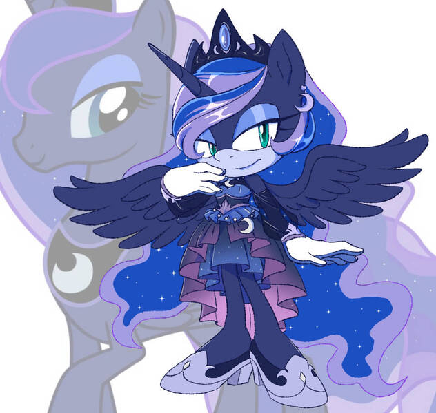 Size: 918x871 | Tagged: safe, artist:kanayanga, derpibooru import, princess luna, alicorn, anthro, clothes, ear piercing, earring, high heels, image, jewelry, jpeg, looking at you, mobian, piercing, shoes, smiling, sonic the hedgehog (series), sonicified, spread wings, wings