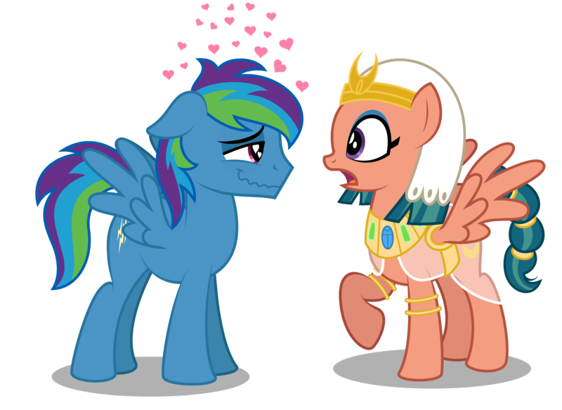 Size: 4442x3242 | Tagged: safe, artist:aleximusprime, derpibooru import, somnambula, oc, oc:storm streak, pegasus, pony, fanfic:the perfect storm streak, flurry heart's story, crush, egyptian headdress, egyptian pony, female, floating heart, headdress, heart, heart eyes, image, in love, looking at each other, looking at someone, male, mare, older, open mouth, parent:oc:thunderhead, parent:rainbow dash, parents:canon x oc, pegasus oc, png, shocked, simple background, smiling, spread wings, stallion, transparent background, wingding eyes, wings
