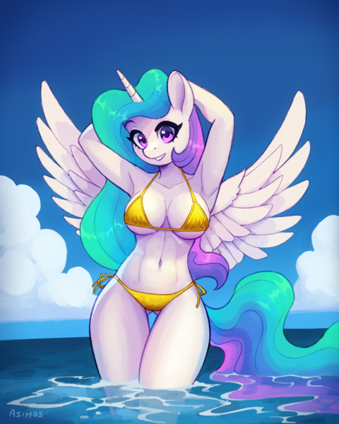 Size: 2800x3500 | Tagged: suggestive, artist:asimos, derpibooru import, princess celestia, alicorn, anthro, armpits, belly button, bikini, breasts, cleavage, clothes, female, horn, image, ocean, png, solo, solo female, swimsuit, underass, water, wings
