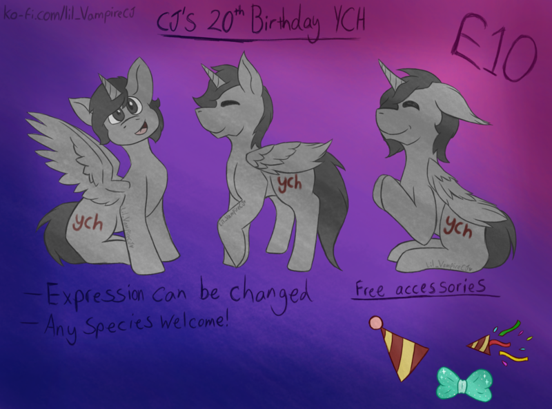 Size: 4000x2972 | Tagged: safe, artist:lil_vampirecj, derpibooru import, pony, any species, birthday, commission, commissions open, feral, glitter bow, gradient background, hat, image, open, party hat, party popper, png, your character here