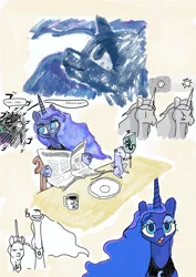 Size: 4961x7016 | Tagged: safe, artist:maso, derpibooru import, princess celestia, princess luna, tiberius, image, jpeg, simple background, sketch