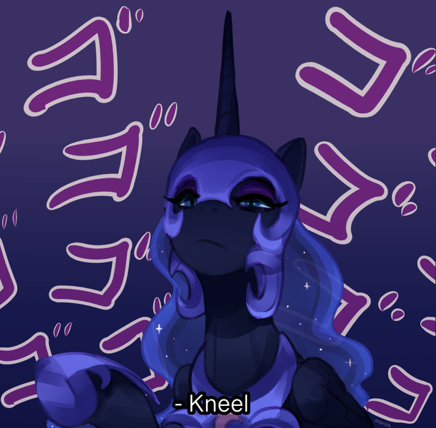 Size: 2393x2346 | Tagged: safe, artist:maren, derpibooru import, nightmare moon, alicorn, pony, female, frown, glare, gradient background, image, mare, menacing, png, pointing, purple background, raised hoof, simple background, solo