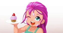 Size: 1200x630 | Tagged: suggestive, artist:uotapo, banned from derpibooru, sunny starscout, human, equestria girls, g5, apron, blushing, clothes, cupcake, equestria girls-ified, female, food, food on face, frosting, fruit, g5 to equestria girls, generation leap, image, jpeg, looking at you, messy, one eye closed, open mouth, plate, solo, solo female, sprinkles, strawberry, underage, wink, younger