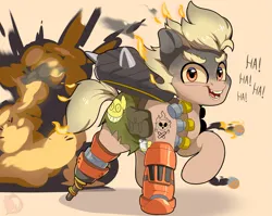 Size: 2113x1682 | Tagged: safe, artist:joaothejohn, derpibooru import, ponified, pony, bomb, explosion, fanart, image, junkrat, looking at you, maniacal laugh, overwatch, png, running, simple background, solo, text, weapon