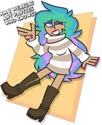 Size: 6993x8509 | Tagged: suggestive, artist:threetwotwo32232, derpibooru import, princess celestia, human, boots, clothes, dialogue, eyebrows, eyebrows visible through hair, eyeshadow, female, humanized, image, lipstick, looking at you, makeup, nail polish, png, shoes, simple background, smiling, smiling at you, solo, sweater, sweater dress, tan skin, transparent background, turtleneck