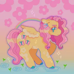 Size: 1440x1440 | Tagged: safe, artist:ariariari.png, derpibooru import, fluttershy, pegasus, pony, image, jpeg, partially submerged, rainbow, solo, spread wings, standing in water, teary eyes, water, wings