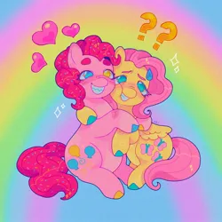 Size: 1440x1440 | Tagged: safe, artist:ariariari.png, derpibooru import, fluttershy, pinkie pie, earth pony, pegasus, pony, colored hooves, duo, female, flutterpie, heart, hug, image, jpeg, lesbian, question mark, shipping, sweat, sweatdrop