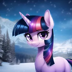 Size: 640x640 | Tagged: safe, derpibooru import, machine learning generated, novelai, stable diffusion, twilight sparkle, pony, unicorn, ai content, cute, female, horn, image, looking at you, mare, missing cutie mark, mountain, outdoors, png, prompter:endless--, smiling, smiling at you, snow, snowfall, solo, standing, tail, tree, winter