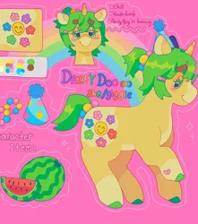 Size: 1440x1631 | Tagged: safe, artist:ariariari.png, derpibooru import, oc, oc:dazey doo, unofficial characters only, pony, unicorn, alternate versions at source, colored hooves, food, image, jpeg, pronouns, reference sheet, solo, watermelon
