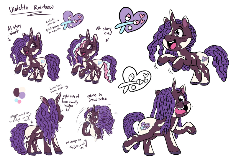 Size: 2048x1410 | Tagged: safe, derpibooru import, official, violette rainbow, pony, unicorn, g5, alternate hairstyle, cutie mark, dreadlocks, female, filly, foal, image, png, reference sheet, violettebetes, vitiligo