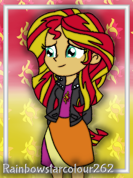 Size: 768x1024 | Tagged: safe, artist:rainbowstarcolour262, derpibooru import, part of a set, sunset shimmer, human, series:equ wallpapers, equestria girls, abstract background, clothes, cute, cutie mark, cutie mark background, cutie mark on clothes, female, green eyes, hand behind back, image, jacket, multicolored hair, part of a series, png, shimmerbetes, shirt, signature, skirt, solo