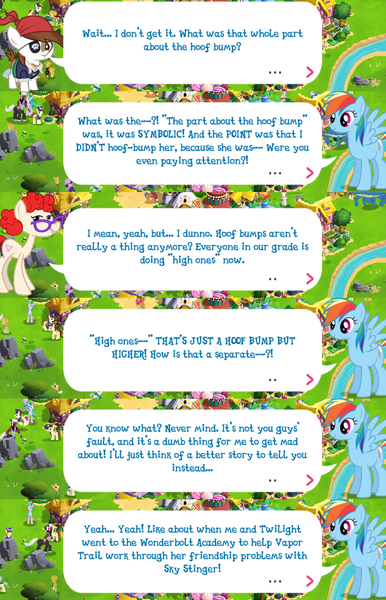 Size: 2045x3175 | Tagged: safe, derpibooru import, official, pipsqueak, rainbow dash, twist, earth pony, pegasus, pony, bandana, clothes, colt, dialogue, dialogue box, english, event, eyepatch, female, foal, gameloft, glasses, image, male, mare, mobile game, my little pony: magic princess, older twist, png, speech bubble, spread wings, stallion, text, wings