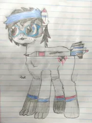 Size: 2448x3264 | Tagged: safe, artist:dust, derpibooru import, oc, oc:bashful interceptor, unofficial characters only, cat, cat pony, original species, plane pony, pony, colored, colored pencil drawing, cutie mark, derpibooru exclusive, glasses, image, jpeg, lined paper, no tail, pencil drawing, plane, solo, traditional art