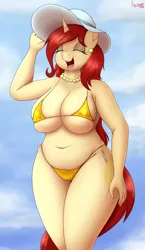 Size: 2660x4583 | Tagged: suggestive, artist:an-tonio, derpibooru import, oc, oc:golden brooch, anthro, unicorn, belly button, big breasts, bikini, breasts, busty golden brooch, chubby, clothes, female, hat, huge breasts, image, milf, png, smiling, solo, solo female, swimsuit, underboob
