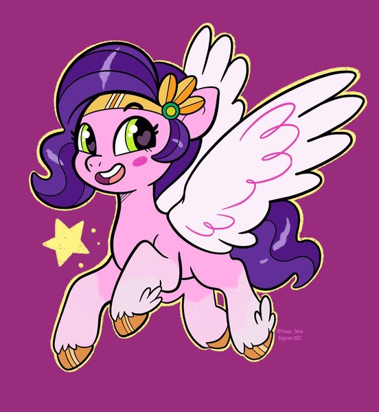 Size: 1413x1536 | Tagged: safe, artist:tsuyu_pony, derpibooru import, pipp petals, pegasus, pony, g5, blush sticker, blushing, female, image, jpeg, mare, purple background, simple background, smiling, solo