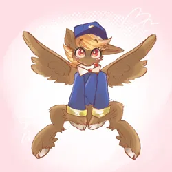 Size: 1080x1080 | Tagged: safe, artist:sky_star156, derpibooru import, pegasus, pony, blonde, clothes, female, hat, heart, image, letter, looking at you, mare, mouth hold, png, red eyes, simple background, sitting, spread wings, swift reply, uniform, wings