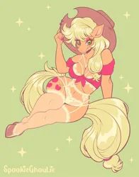 Size: 943x1200 | Tagged: suggestive, artist:spookieghoulie, derpibooru import, applejack, anthro, earth pony, unguligrade anthro, abstract background, applebucking thighs, applejack's hat, breasts, busty applejack, cleavage, clothes, cowboy hat, female, front knot midriff, hat, hooves, image, jpeg, lingerie, midriff, solo, solo female, thighs, thunder thighs, wide hips