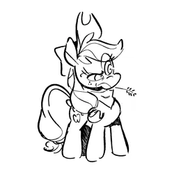 Size: 1496x1496 | Tagged: safe, artist:kylesmeallie, derpibooru import, applejack, earth pony, pony, black and white, eye clipping through hair, eyebrows, female, frown, grayscale, image, mare, monochrome, neckerchief, png, raised eyebrow, simple background, solo, straw in mouth, white background
