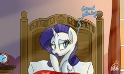 Size: 2500x1500 | Tagged: safe, artist:notadeliciouspotato, derpibooru import, rarity, pony, unicorn, alarm clock, bed, blanket, clock, crepuscular rays, daytime, dialogue, female, horn, image, indoors, mare, messy mane, morning ponies, nightstand, open mouth, pillow, png, signature, solo, speech bubble, sunrise, window, yawn