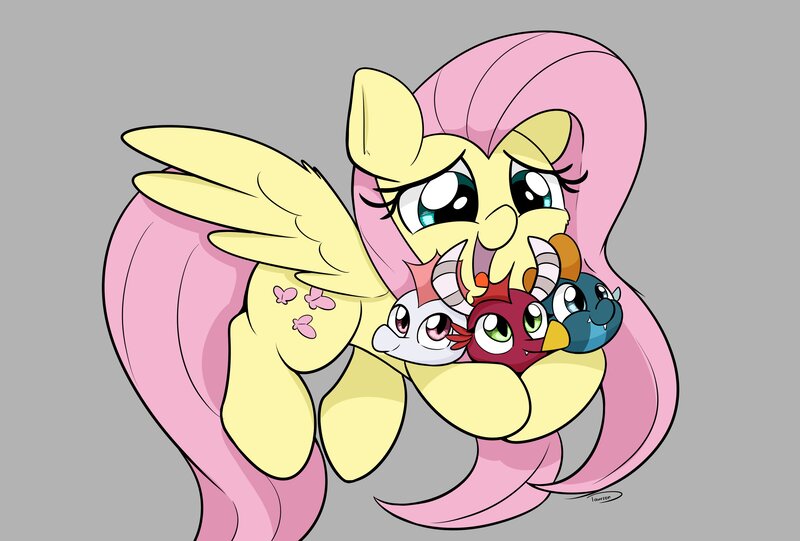Size: 3496x2362 | Tagged: safe, artist:taurson, derpibooru import, fluttershy, dragon, pegasus, pony, sweet and smoky, baby, baby dragon, cute, female, gray background, high res, holding a dragon, hug, image, jpeg, mare, open mouth, open smile, scene interpretation, shyabetes, simple background, smiling